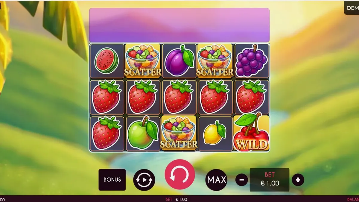 Tampilan visual slot Fruits Madness yang penuh warna dengan simbol buah-buahan segar.