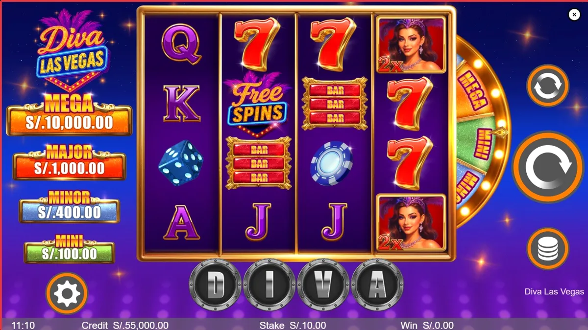 Tampilan visual slot Diva Las Vegas dengan tema kasino mewah dan lampu neon