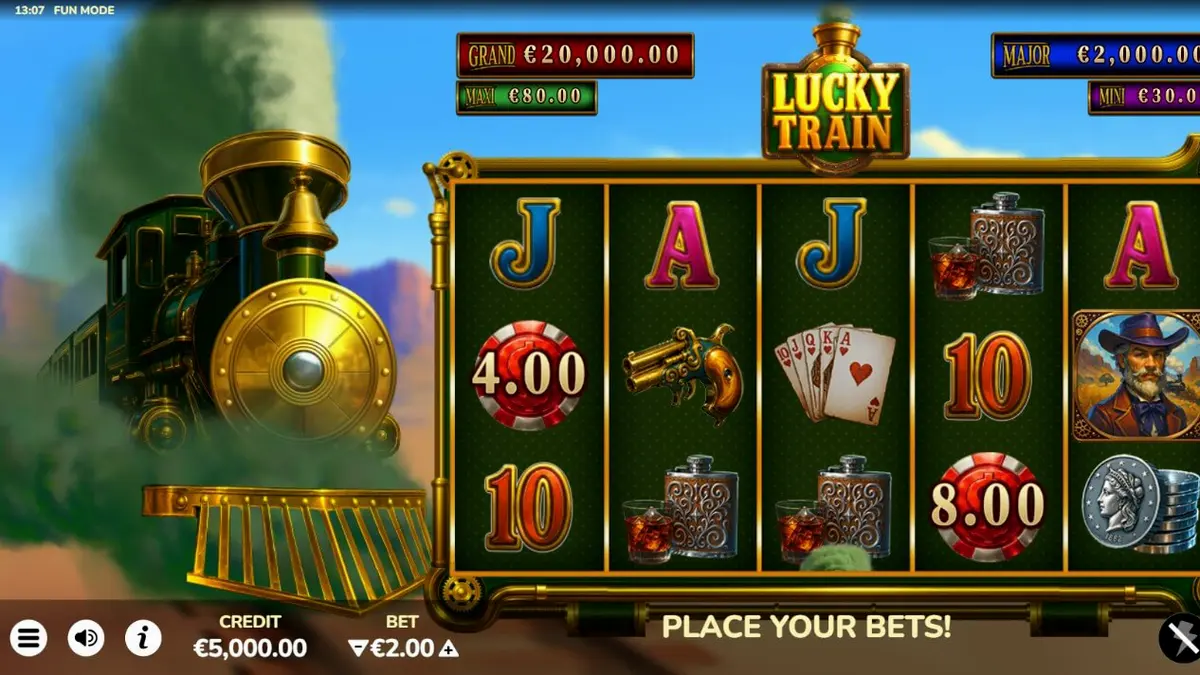 Tampilan visual mesin slot Lucky Train dengan tema steampunk dan Wild West