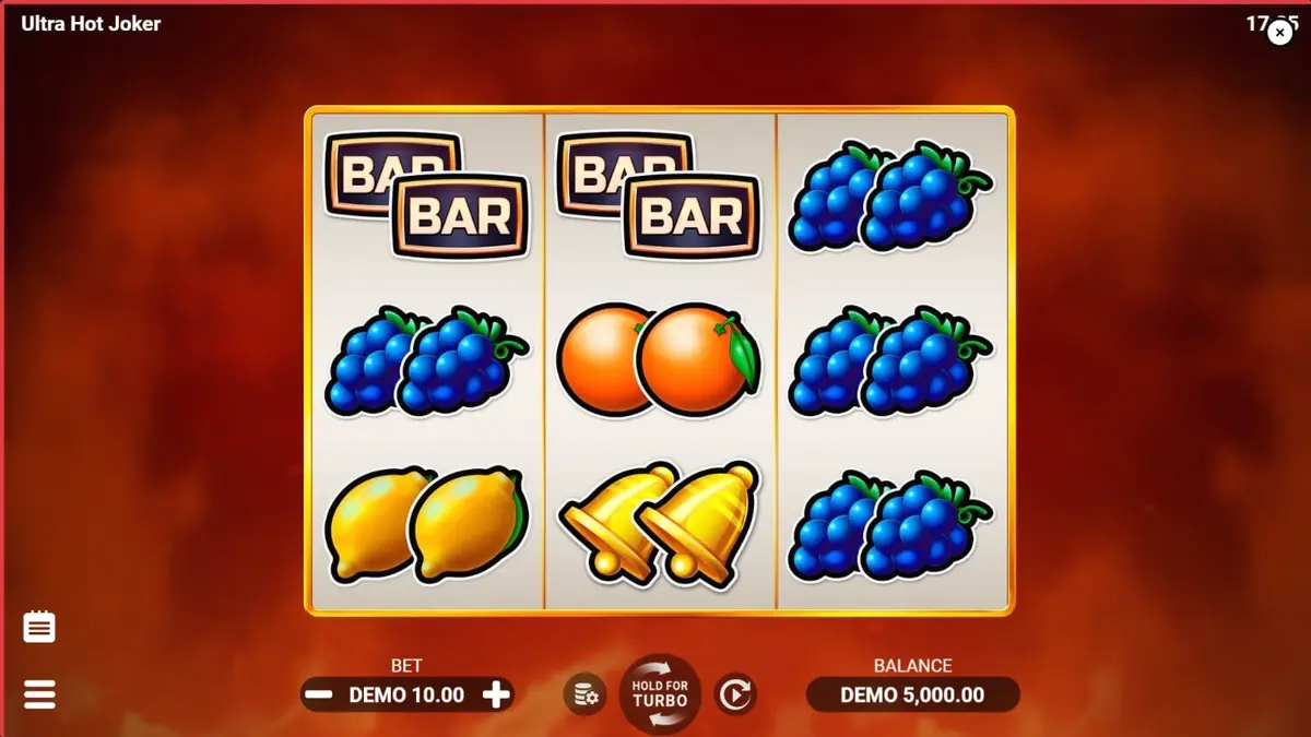 Tampilan visual slot Ultra Hot Joker dengan simbol buah klasik dan latar belakang api